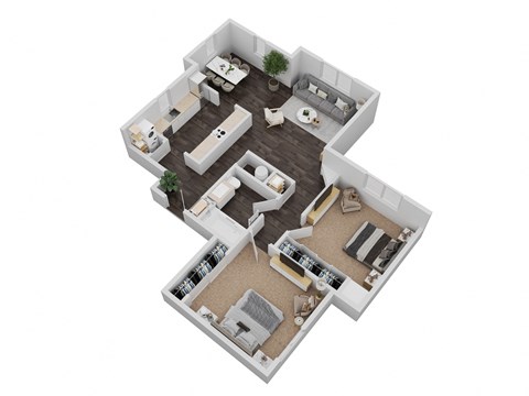 A 3D floor plan of a house with a living room, kitchen, dining room, and bedrooms.
